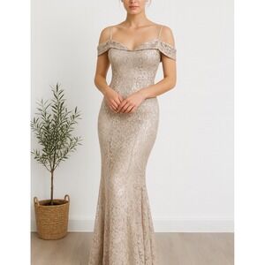 Lovely‎ Grace Off Shoulder Lace Sequin Gown Formal Evening Dress Champagne S